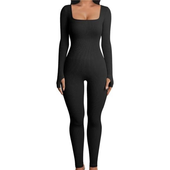 Pants - Women Workout Seamless Jumpsuit Yoga Ribbed  Long Sleeve Leggings Romper